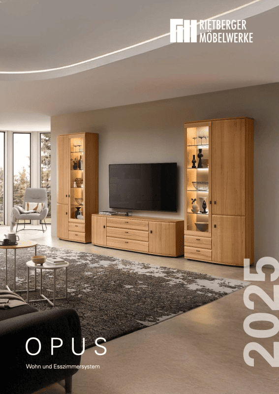 Wohnwand, aus hellem Holz, mit beleuchteten Vitrinen, vor einer grauen Wand, davor liegt ein großer, grauer Teppich