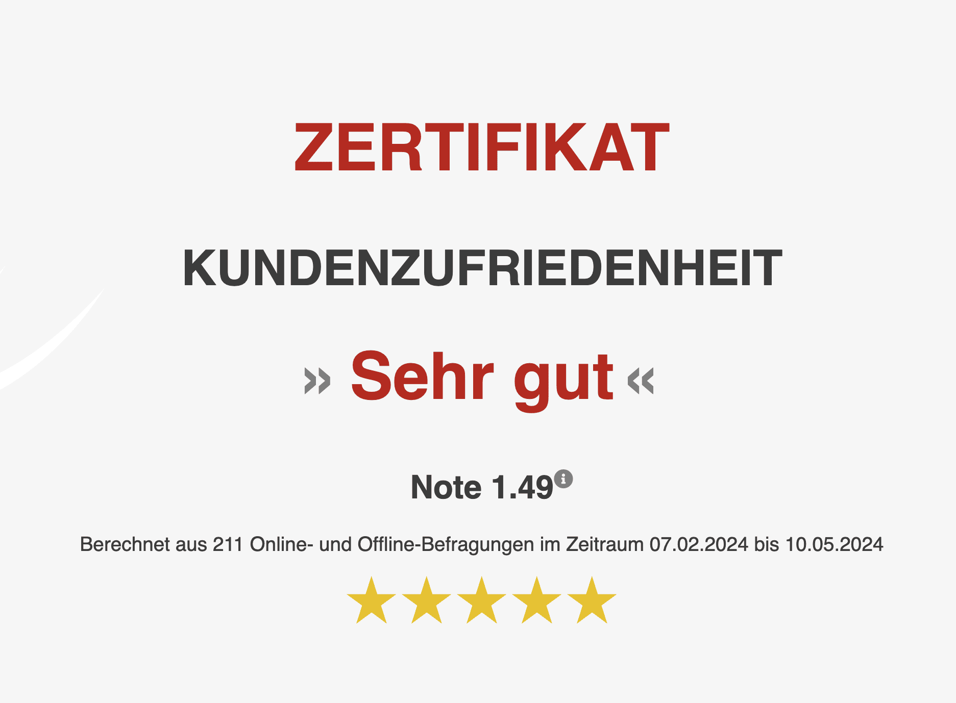 Zertifikat "Kundenzufriedenheit: Sehr Gut"