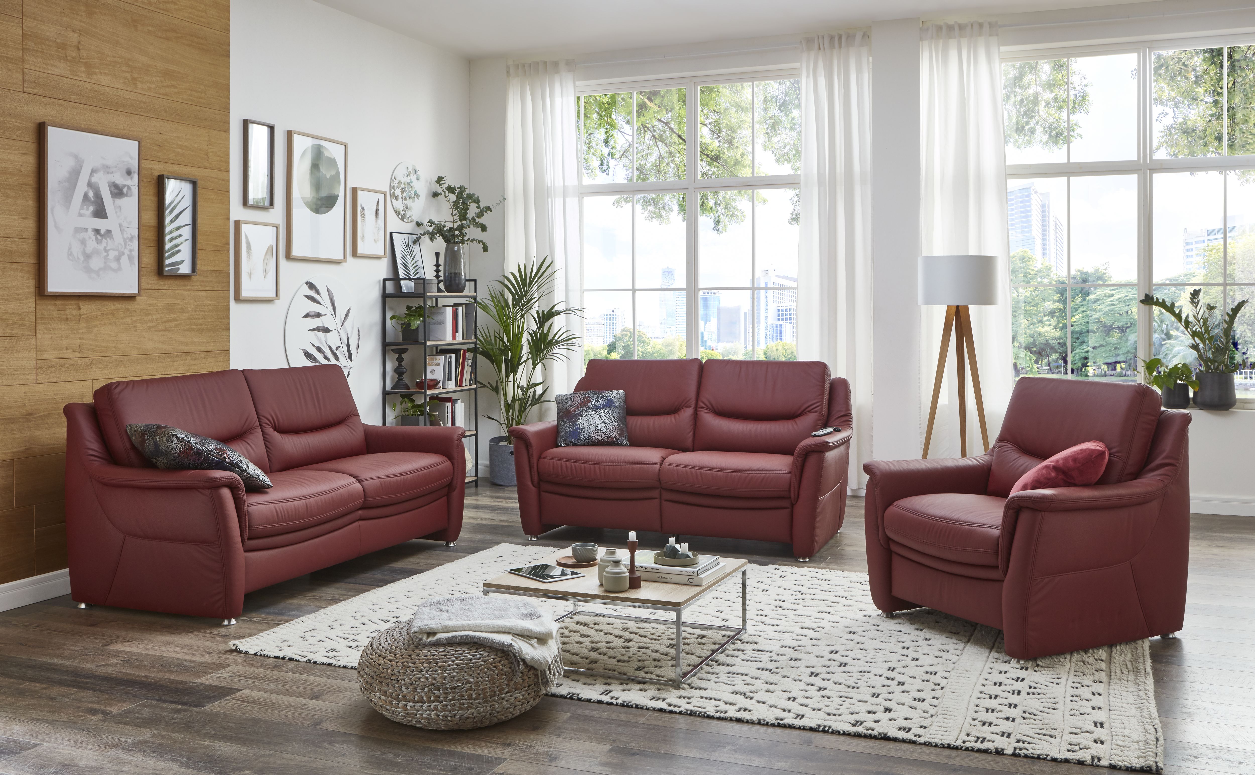 Elegantes Sofa in Leder Punch Merlot – mit Federke