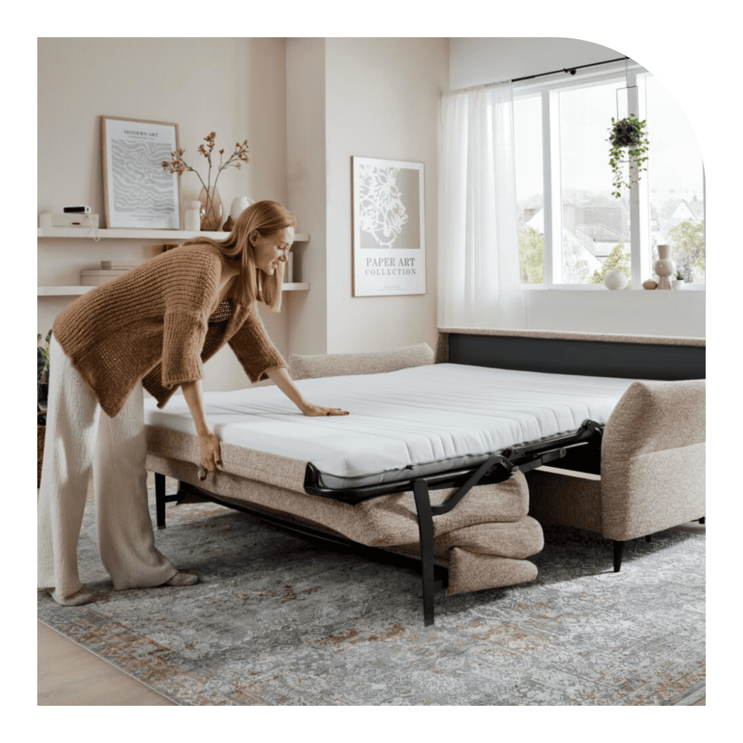 Frau, die ein Schlafsofa ausklappt