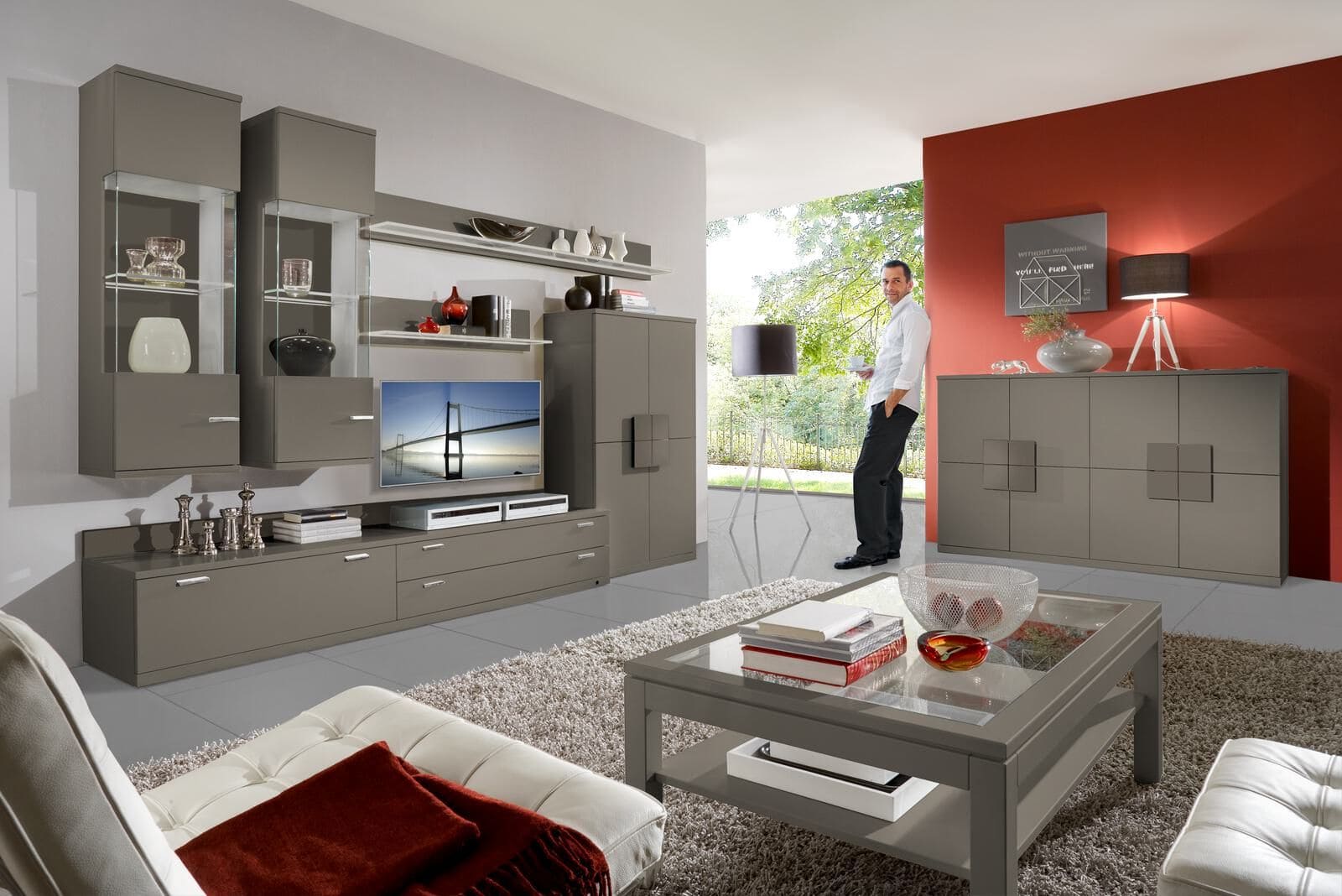 Wohnzimmer mit grauen Möbeln und roter Wand