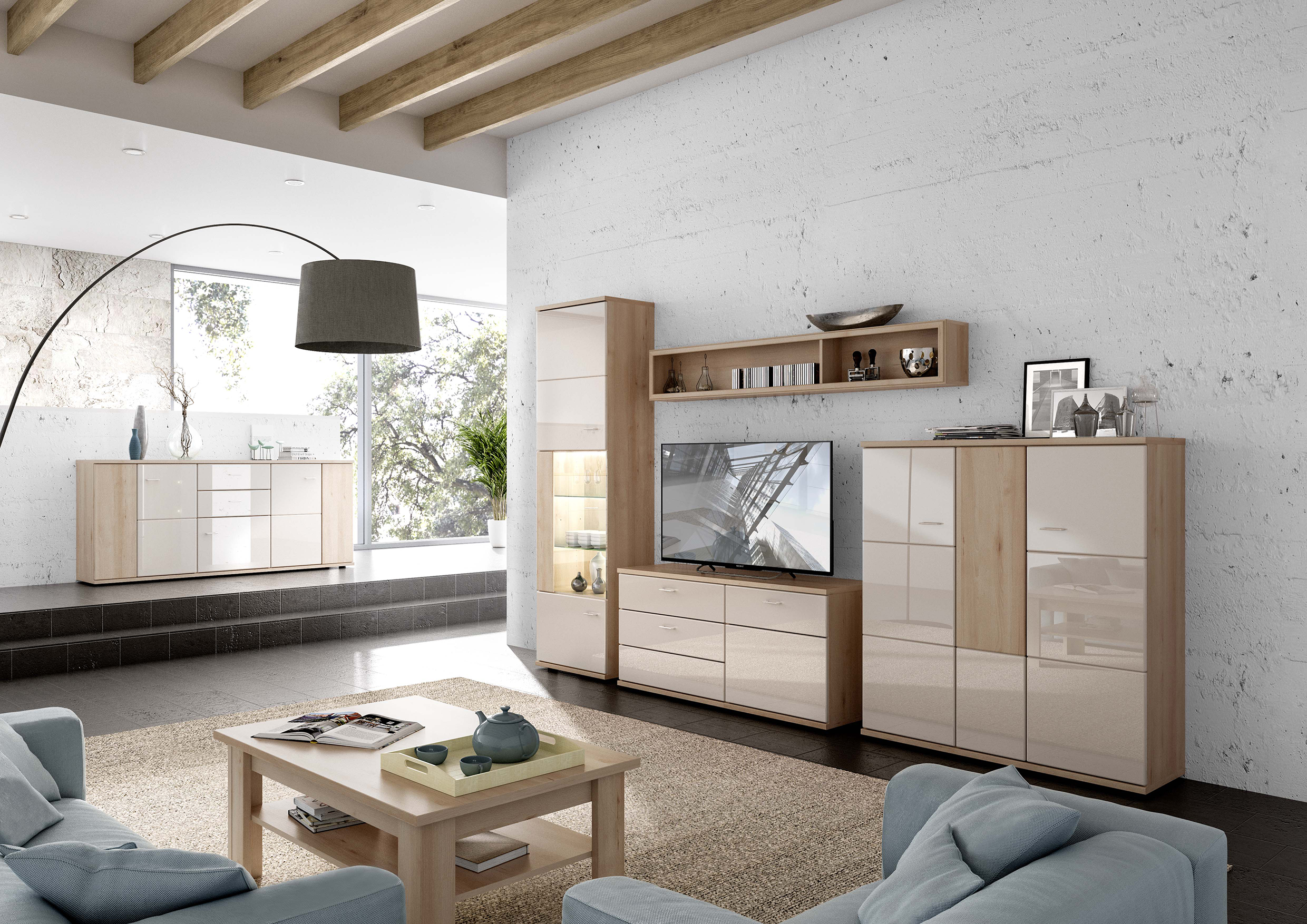 Hellbeige Wohnzimmerkommoden in einem modernen Wohnzimmer