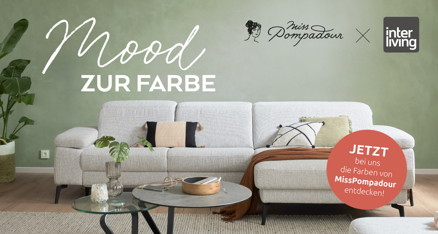 Graues Sofa vor Salbeiffarbener Wand