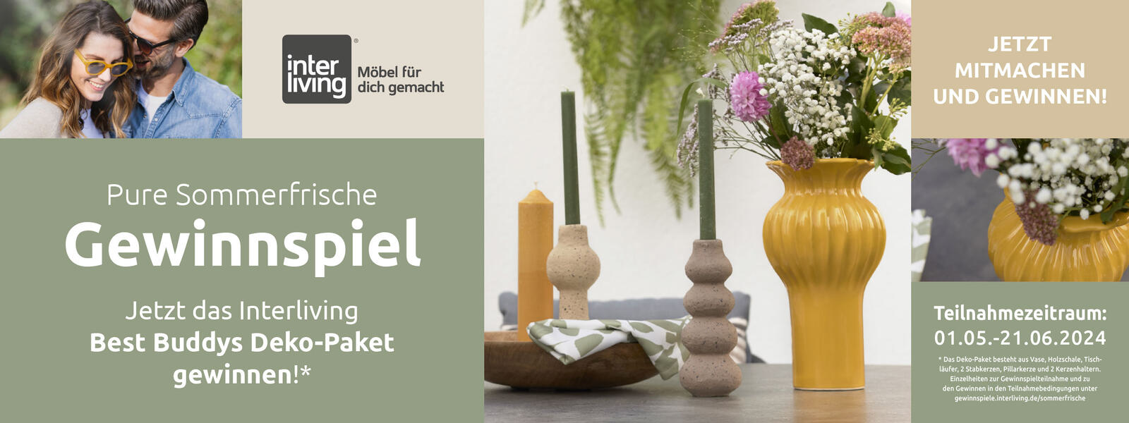 Stilvoll gedeckter Tisch mit sommerlicher Dekoration, darunter gelbe Vasen, Kerzenständer und Blumen, daneben Ankündigung eines Interliving-Gewinnspiels für ein Deko-Paket im Zeitraum vom 1. Mai bis 21. Juni 2024.