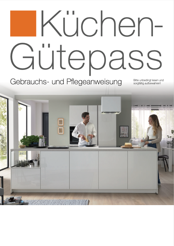 Küchen-Gütepass, moderne weiße Küche im Hintergrund 