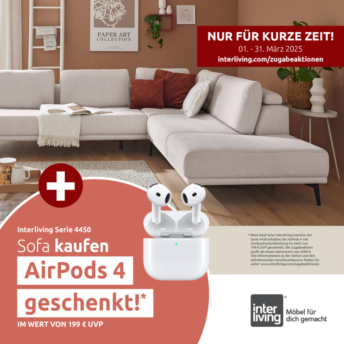Interliving Aktion AirPods geschenkt, im Hintergrund ein großes Ecksofa in Weiß