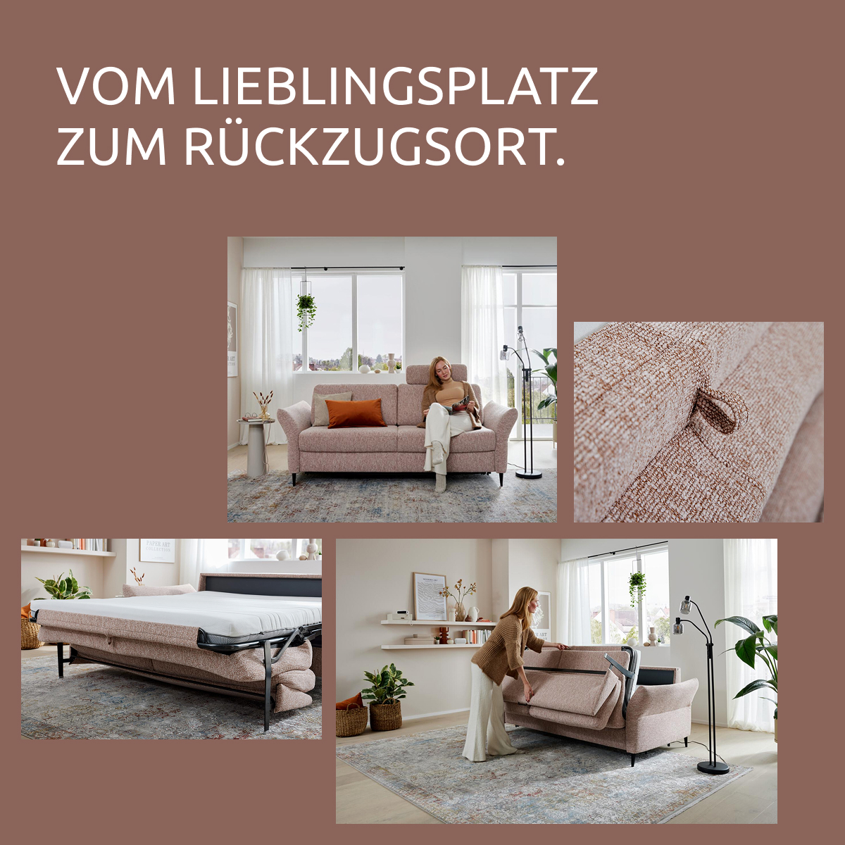 Grafik, 4 verschiedene Bilder eines Sofas mit Klappfunktion, Hellbrauner Hintergrund