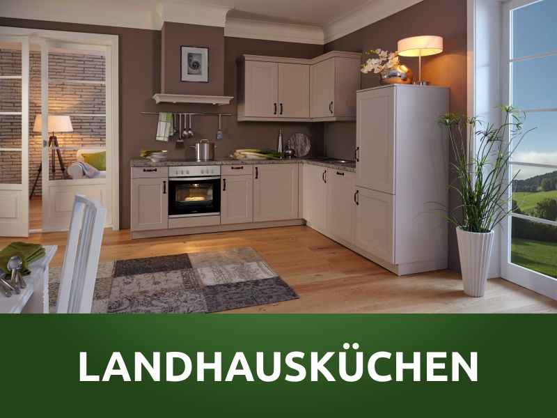 Bild einer grauen Einbauküche in einem Landhausstil, darunter der Text "Landhausküchen" auf einem grünen Hintergrund