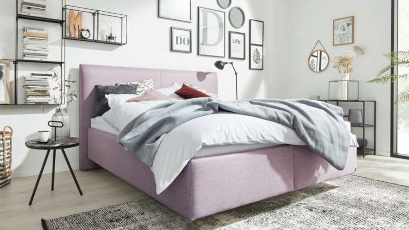 Rosa Polsterbett mit grauer Bettwäsche in eingerichtetem Schlafzimmer
