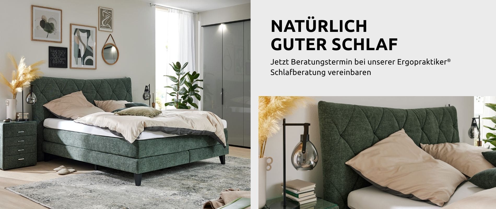 Bett in dunkelgrün, daneben steht: Natürlich Guter Schlaf