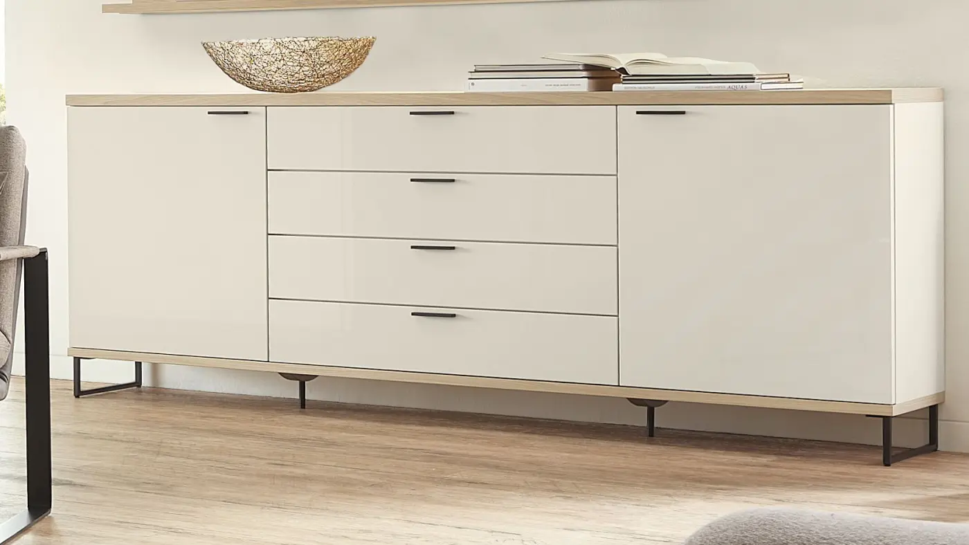 Sideboard Seidengrau Hochglanz & Asteiche furniert