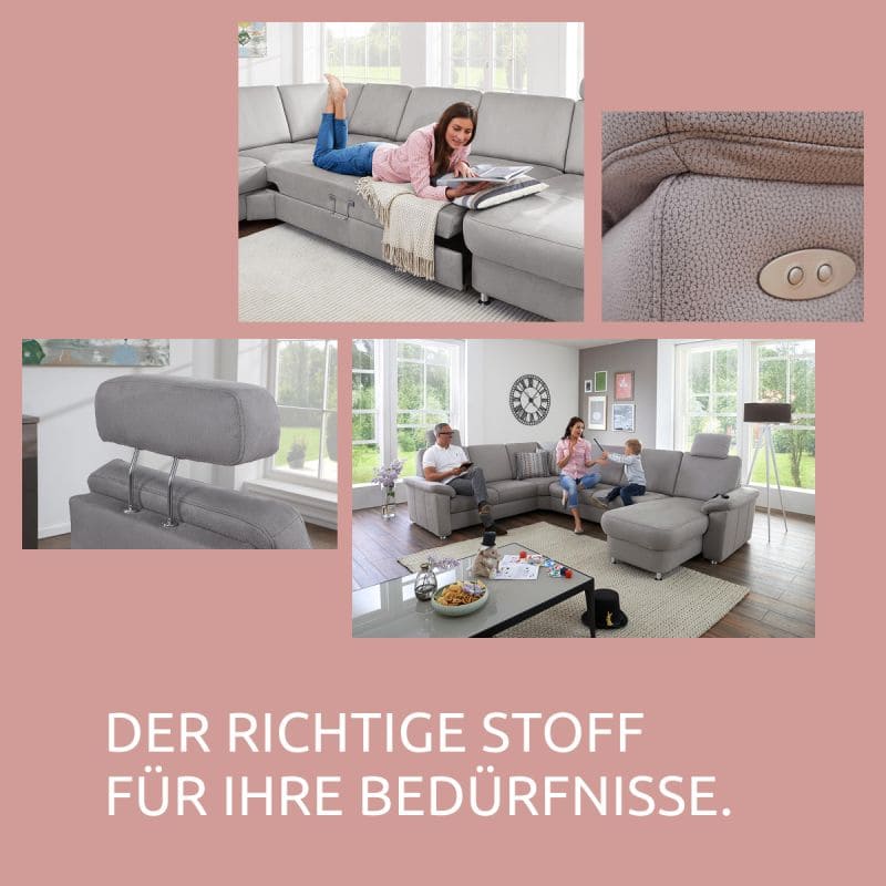 Grafik, 4 verschiedener Bilder einer grauen Couch mit Kopfstütze, der Hintergrund ist lachsfarben