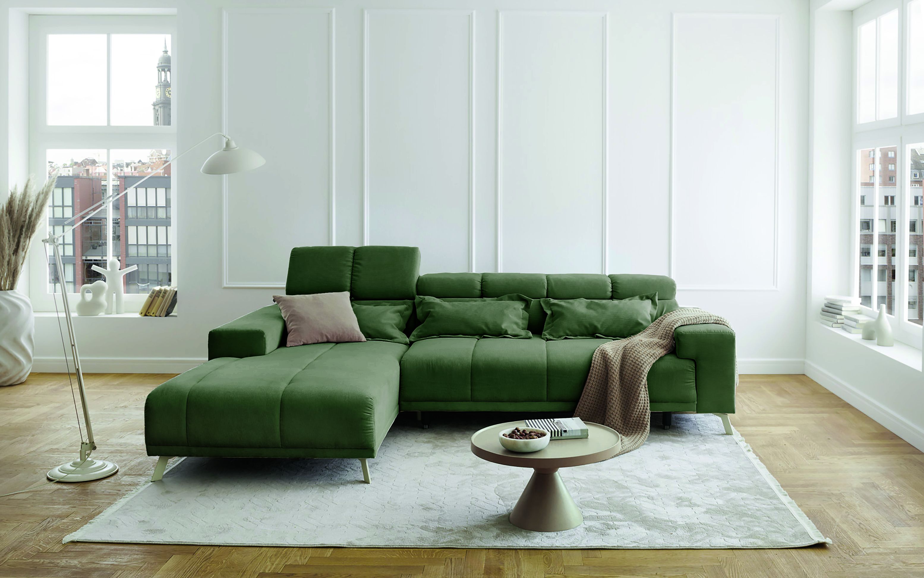 Moderne Wohnlandschaft in moosgrünem Stoffbezug