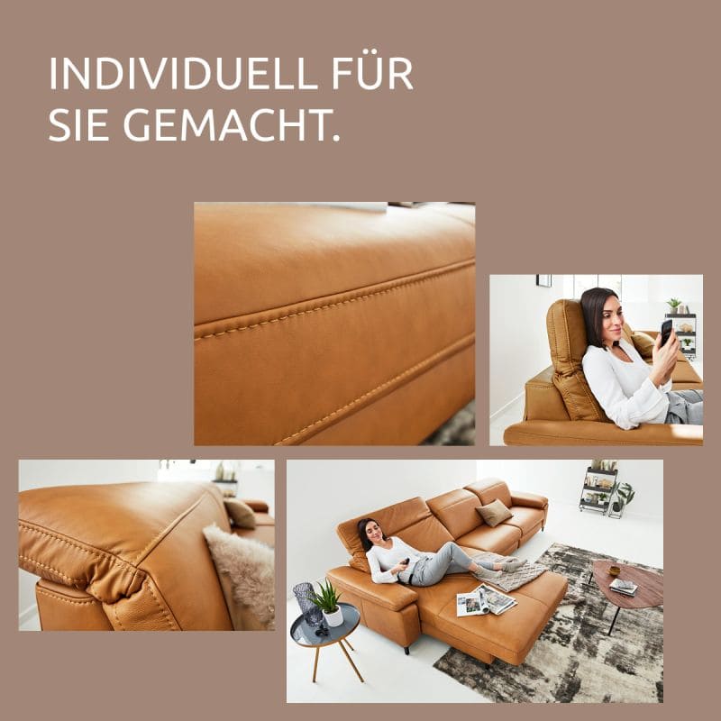 Grafik, verschiedene Bilder einen braunen Ledercouch, der Hintergrund ist ein sandiges Braun.