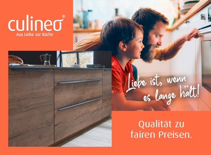 Abbildung Culineo Küche, mit Vater und Sohn, die Freude zeigen