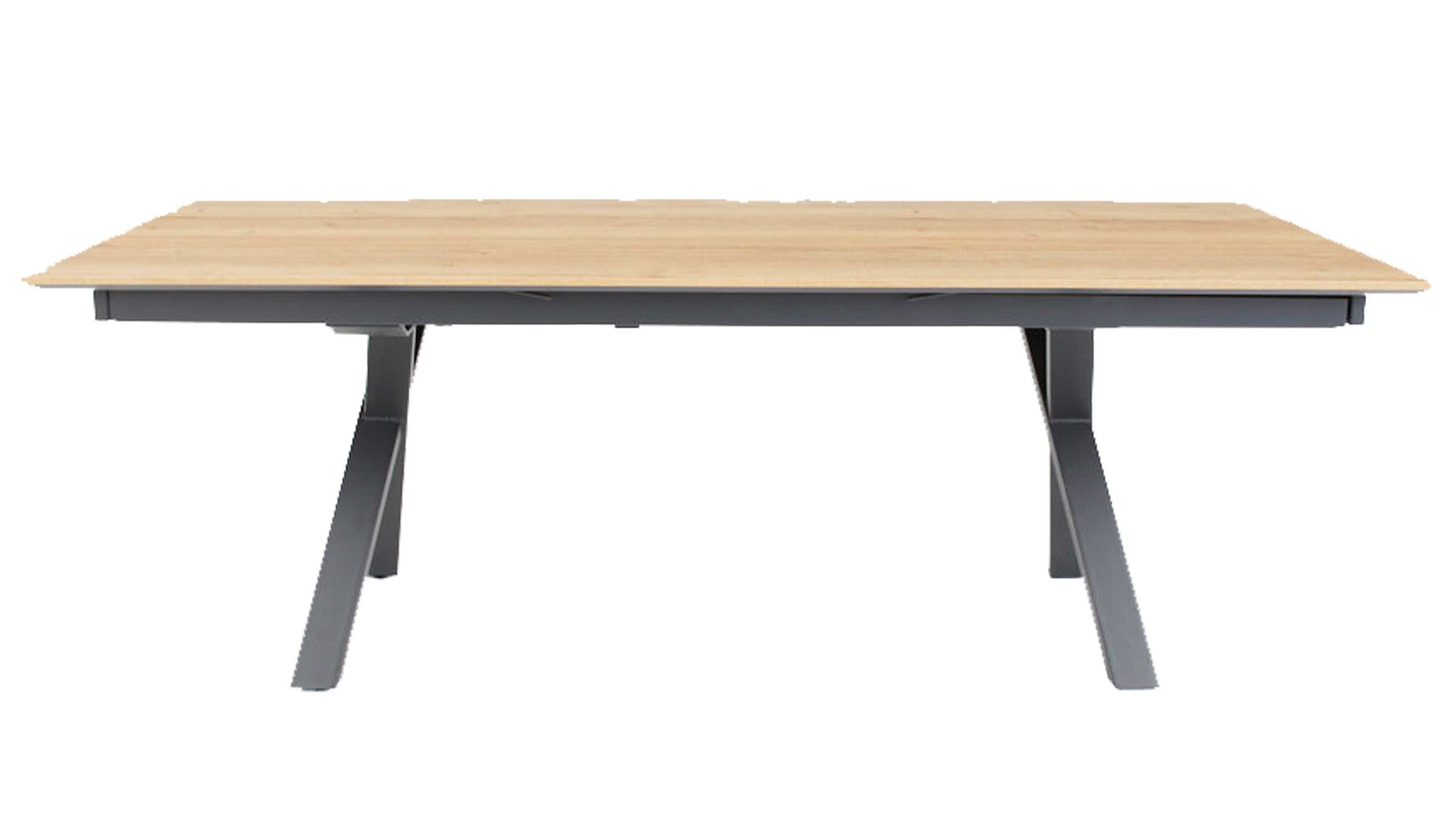 Esszimmertisch mit heller Holzplatte und schwarzen Tischbeinen