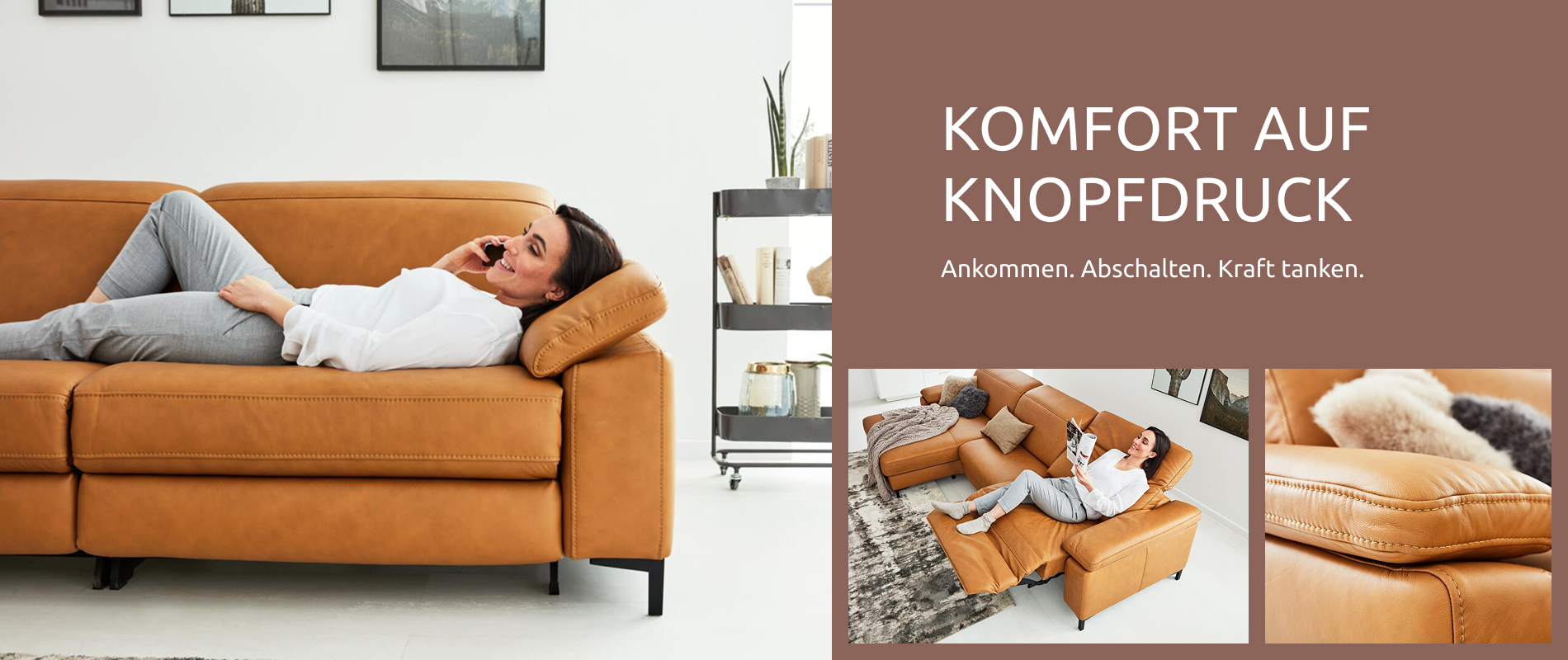 Polsterspezialist, Sofa in einem dunklen Orangenton mit einer Frau