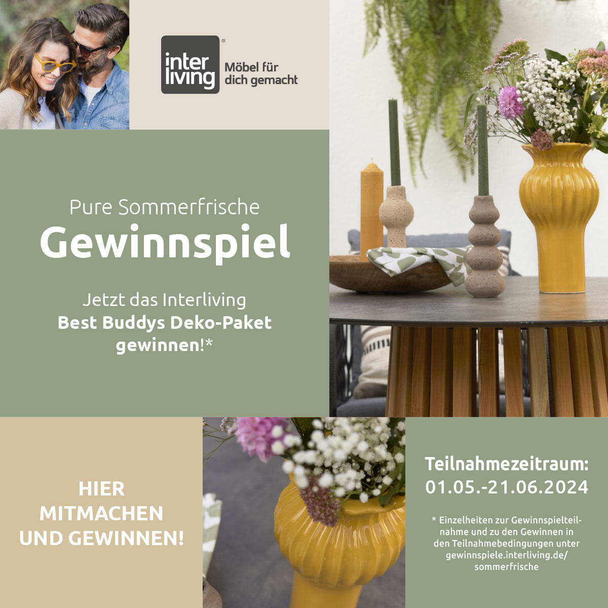 Stilvoll gedeckter Tisch mit sommerlicher Dekoration, darunter gelbe Vasen, Kerzenständer und Blumen, daneben Ankündigung eines Interliving-Gewinnspiels für ein Deko-Paket im Zeitraum vom 1. Mai bis 21. Juni 2024.