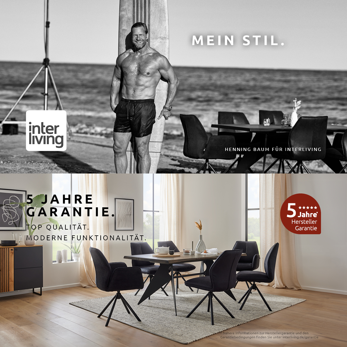 Bild oben in Schwarz-Weiß, Mann steht oberkörperfrei am Strand und hat ein Surfboard hinter dem Rücken, neben ihm steht ein Esstisch mit Stühlen, unteres Bild ein Esstisch mit schwarzen Stühlen