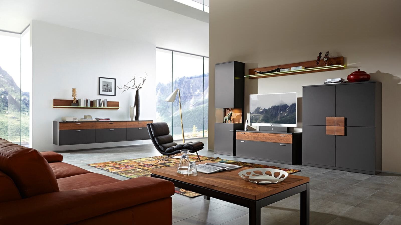 Modernes, Schwarz und Braunes Wohnzimmer